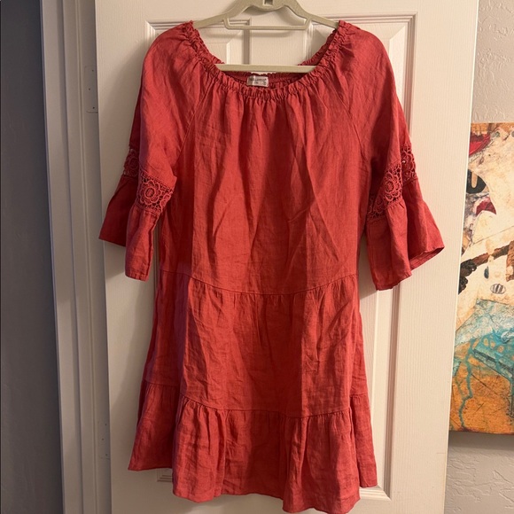 Terzo Millennio Dresses & Skirts - Women’s Coral Peasant Dress with Crochet Sleeves
